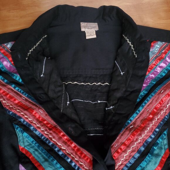 Vintage Lightweight Denim Jacket 1X Black Stripe Button Front Western Southwest - Picture 3 of 11